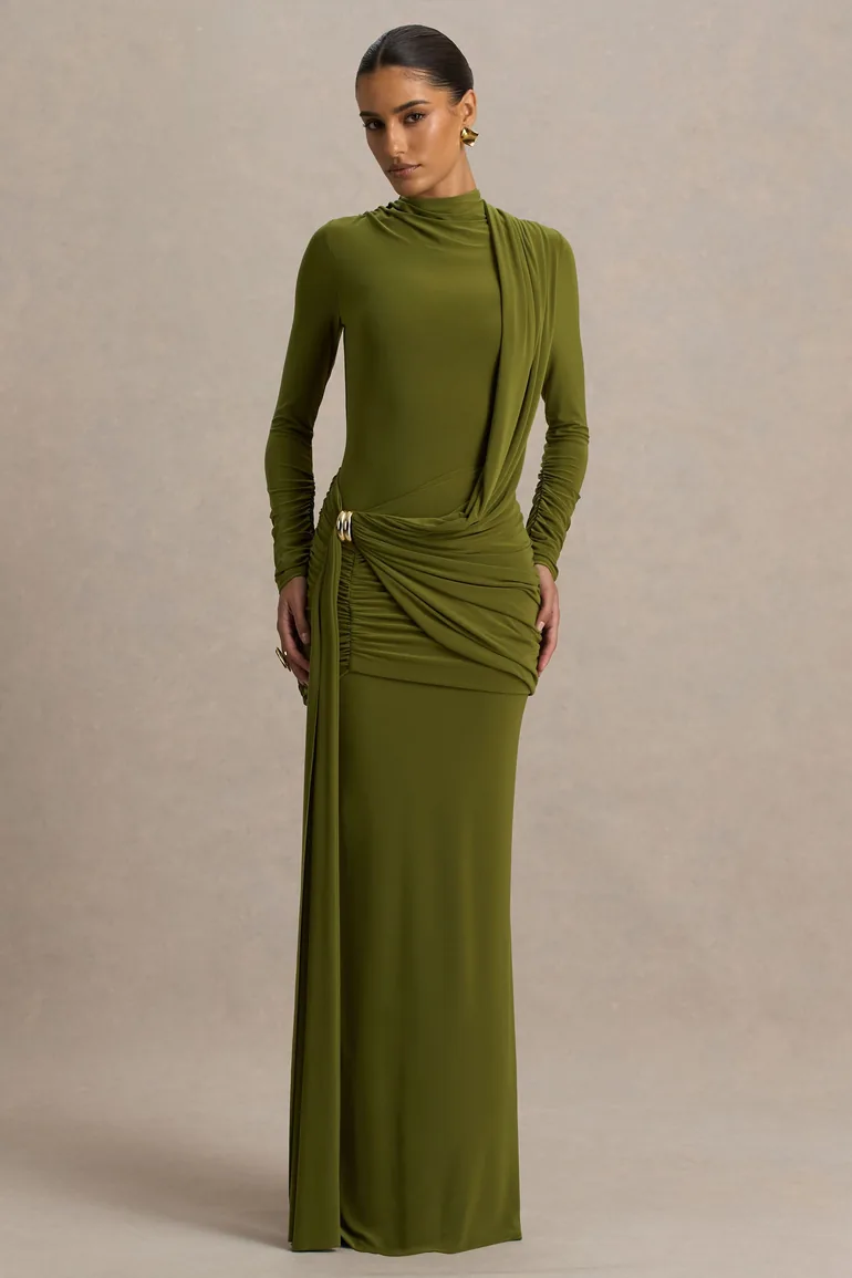 Melissa | Olive Long-Sleeve Wrap Maxi Dress With Ruched Detailing - 3