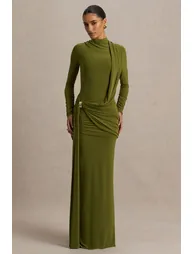 Melissa | Olive Long-Sleeve Wrap Maxi Dress With Ruched Detailing - 3