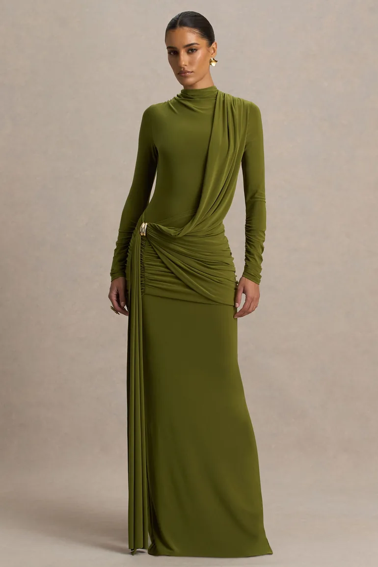 Melissa | Olive Long-Sleeve Wrap Maxi Dress With Ruched Detailing