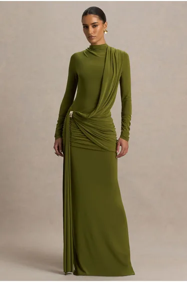 فستان ماكسي مزموم بتصميم لف بأكمام طويلة - أخضر
