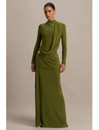 Melissa | Olive Long-Sleeve Wrap Maxi Dress With Ruched Detailing