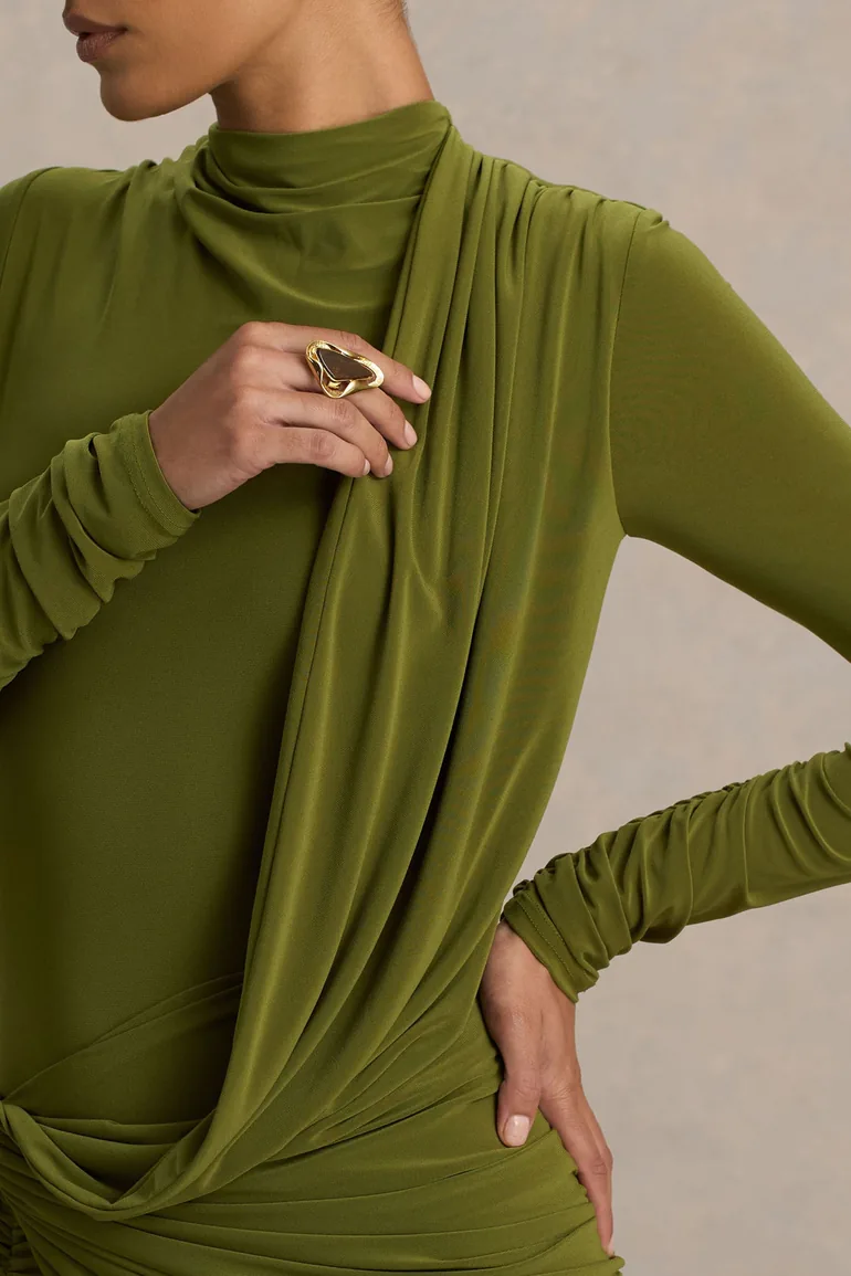 Melissa | Olive Long-Sleeve Wrap Maxi Dress With Ruched Detailing - 2