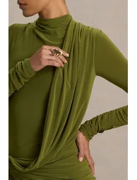 Melissa | Olive Long-Sleeve Wrap Maxi Dress With Ruched Detailing - 2