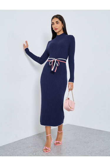 Navy Knitted Sweater Midi Dress with Tie Belt