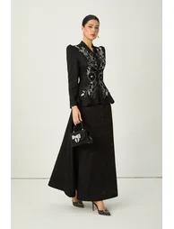 Exclusive Guest List Black Floral Embroidered Blazer & Maxi Skirt Set