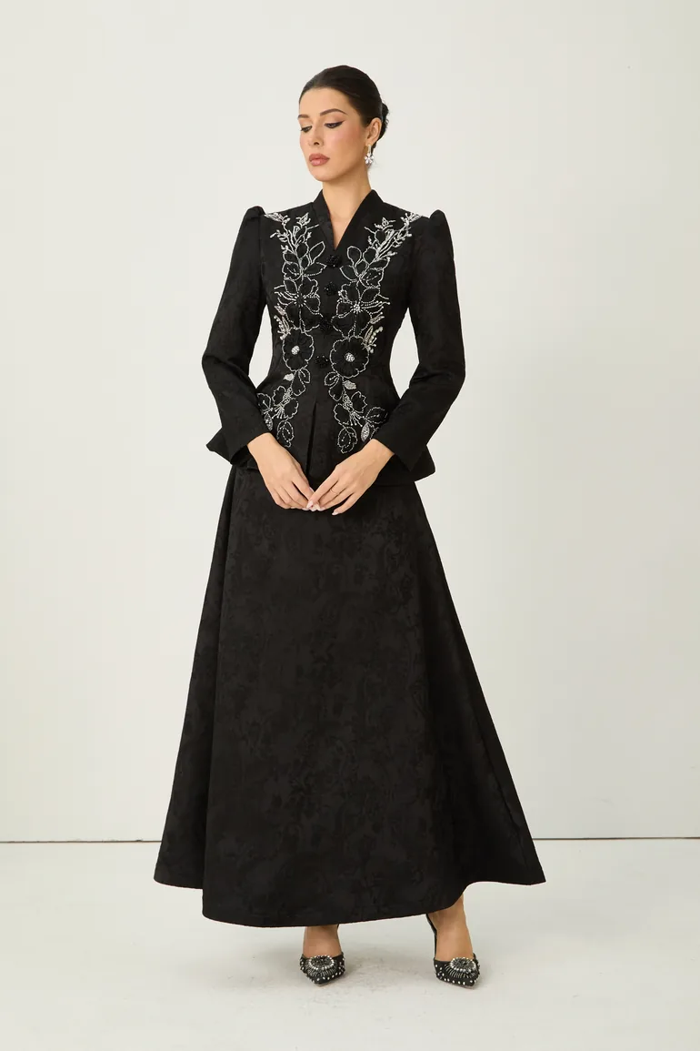 Exclusive Guest List Black Floral Embroidered Blazer & Maxi Skirt Set - 3