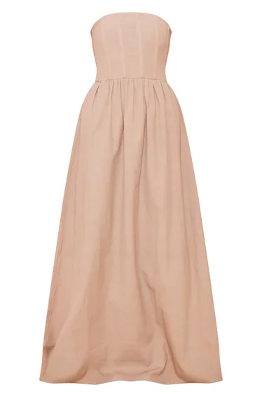 Stone Linen Look Corset Bandeau Maxi Dress