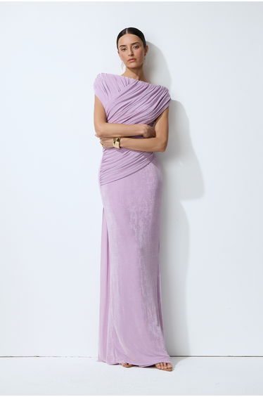 Lavender Nights Purple One Shoulder Ruched Maxi Dress