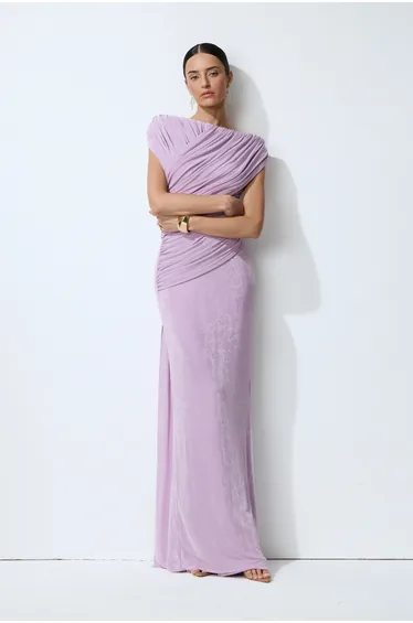 Lavender Nights Purple One Shoulder Ruched Maxi Dress
