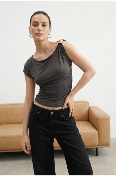 Anthracite Modal Content Flowy Asymmetric Collar Accessory Detailed Knitted Blouse