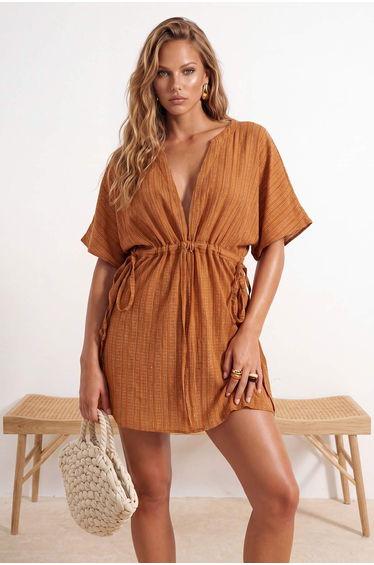 Tile Weave Drawstring Beach Mini Dress