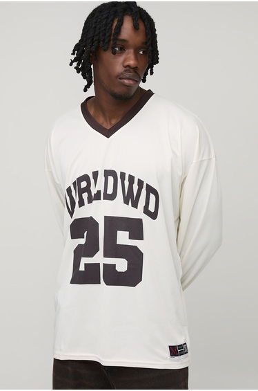 Tall Oversized WRLDWD Print Long-sleeved Sports T-Shirt - white