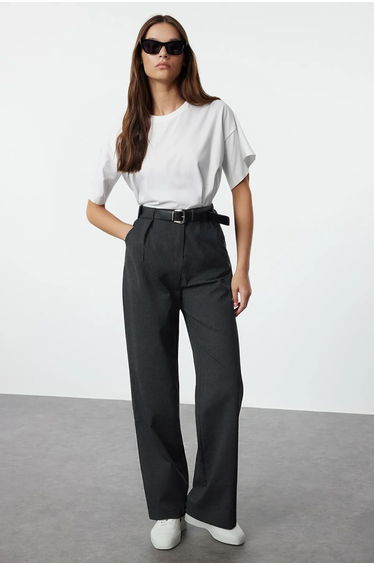 Anthracite Belted Straight Cut Woven Trousers