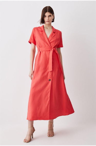 Linen Belted Shirt Midi Dress