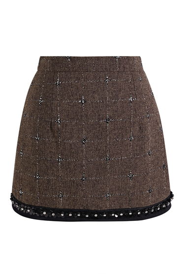 Rhinestone Sequin Flower Grid Tweed Mini Skirt