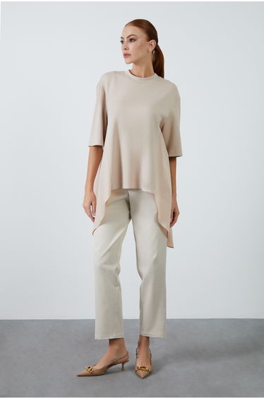 Asymmetric Hem Half Sleeve Beige Knit Blouse