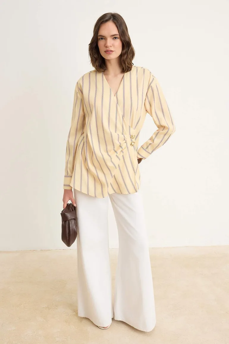Yellow Regular Terrycotton Striped Woven Top & Bottom Hijab Shirt
