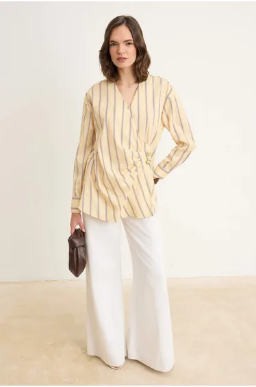 Yellow Regular Terrycotton Striped Woven Top & Bottom Hijab Shirt