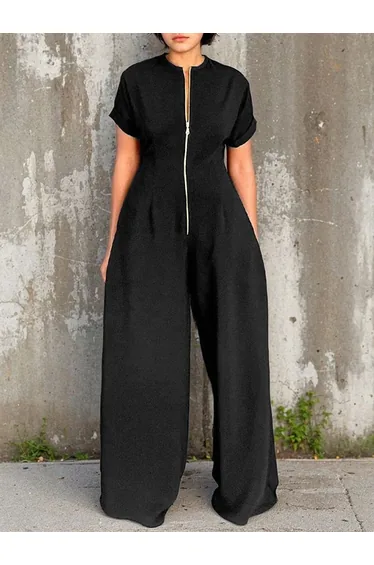 Short Sleeves Wide Leg Elasticity Split-Joint Zipper Round-Neck Jumpsuits