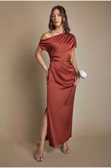 Satin Ruched Detail Off The Shoulder Maxi Bridesmaid Dress