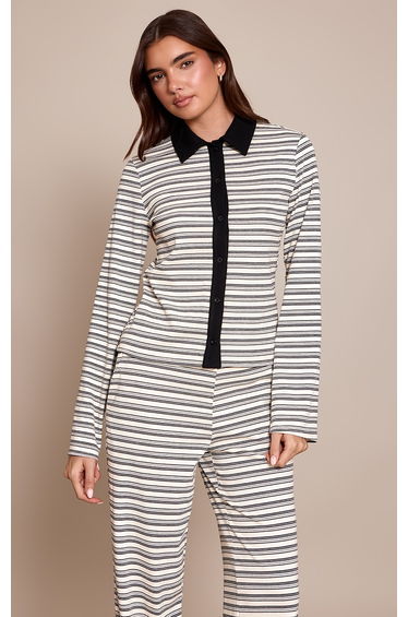 Black Striped Contrast Collared Long Sleeve Long Top