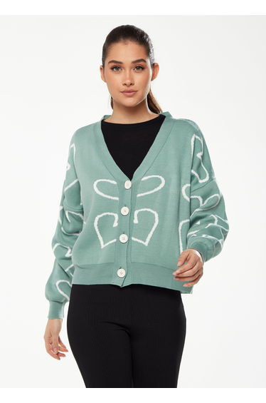 Women's Green & White Heart Pattern Cardigan with Long Sleeves, Cozy Fit - Liquorish
