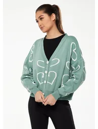 Women's Green & White Heart Pattern Cardigan with Long Sleeves, Cozy Fit - Liquorish - 1