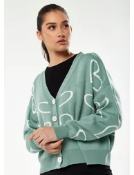 Women's Green & White Heart Pattern Cardigan with Long Sleeves, Cozy Fit - Liquorish - 3
