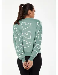 Women's Green & White Heart Pattern Cardigan with Long Sleeves, Cozy Fit - Liquorish - 2