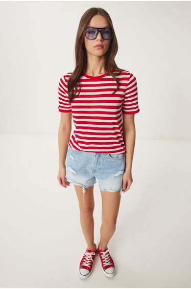 Women's Red White Striped Seasonal Knitwear Blouse