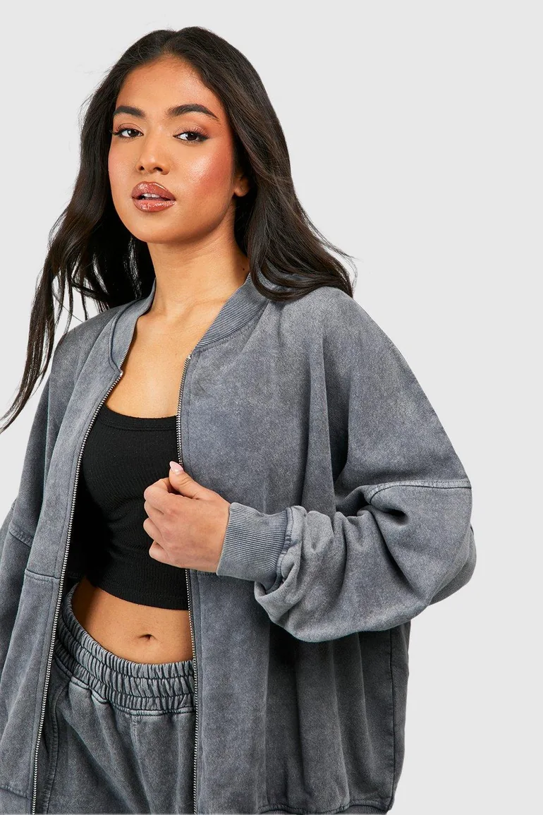 Petite Washed Zip Through Bomber Straight Leg Tracksuit - 3
