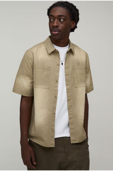 Regular Fit Sun Bleached Cargo Pocket Shirt - sand