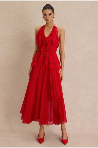 3D Flower Frill Backless Midi Dress