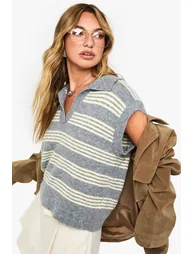 Collared V Neck Knitted Thin Stripe Vest - grey - 1