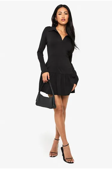 Collared Drop Hem Long Sleeve Mini Dress - black