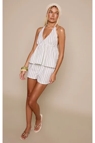 Sage Pinstripe Cotton Casual Shorts