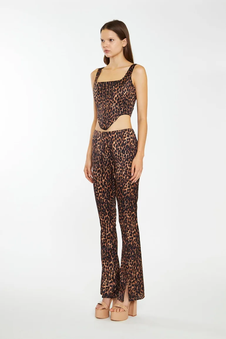 Brown-Leopard Split-Front Flared Trousers - 3