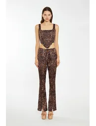 Brown-Leopard Split-Front Flared Trousers