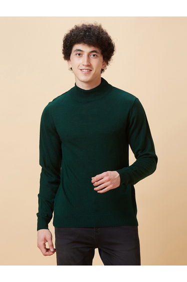 Men Green High Neck Long Sleeves Sweater