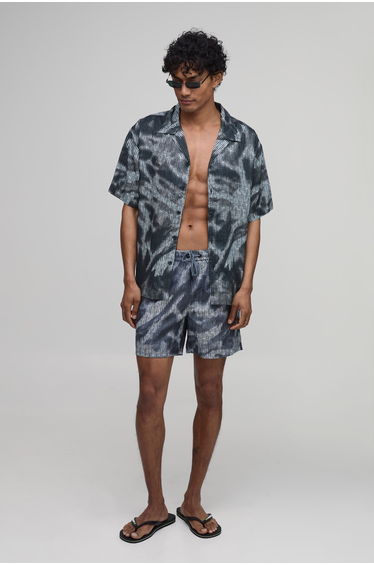 Abstract Print Mid Length Swim Short - black