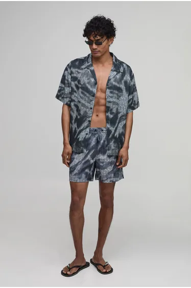 Abstract Print Mid Length Swim Short - black