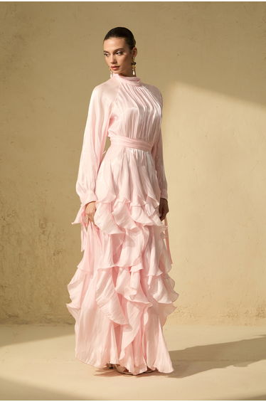 Estella Puff Sleeve Ruffle Trim Maxi Dress