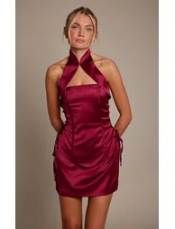 Wine Satin High Collar Lace Up Corset Mini Dress - 1