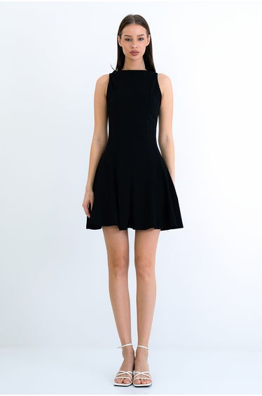 Women's Black Boat Neck Stitching Detailed Lined Mini Dress