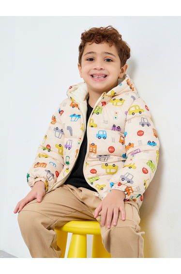 Boys Cream Graphic Puffer Jacket with Hood