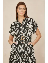 Yumi Black Abstract Geo Print Relaxed Midi Shirt Dress With Belt - 8