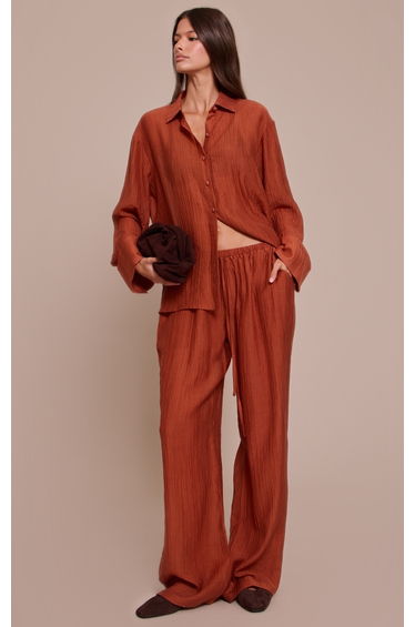 Burnt Orange Textured Slouchy Straight Leg Trousers