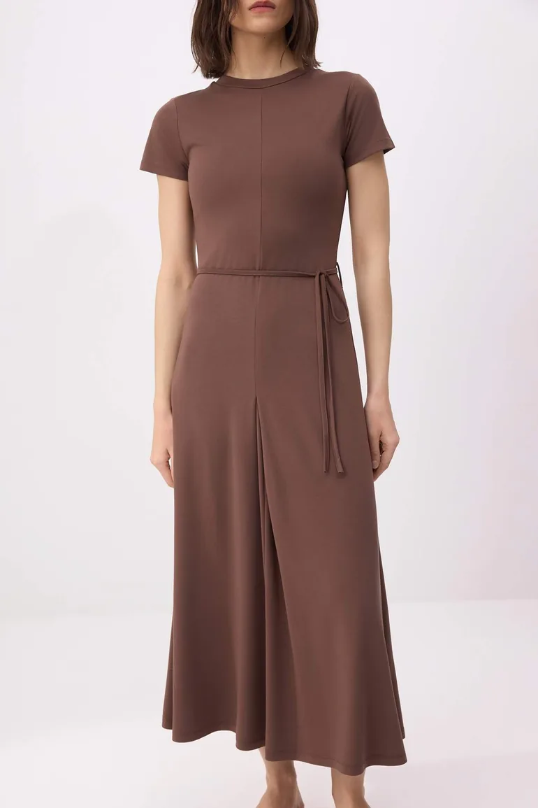 Brown Shift/Straight Short Sleeve Belted Midi Soft Touch Knitted Dress - 2