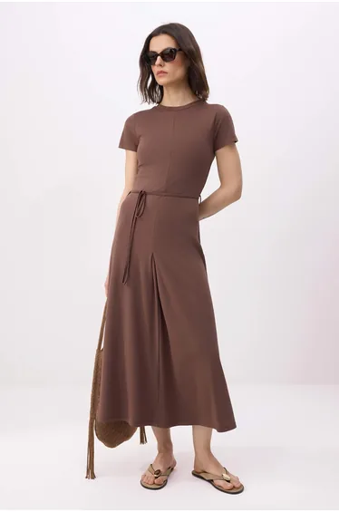 Brown Shift/Straight Short Sleeve Belted Midi Soft Touch Knitted Dress