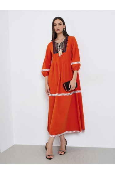 Orange Graphic Fringed Detail Elastic Cuffs Jalabiya